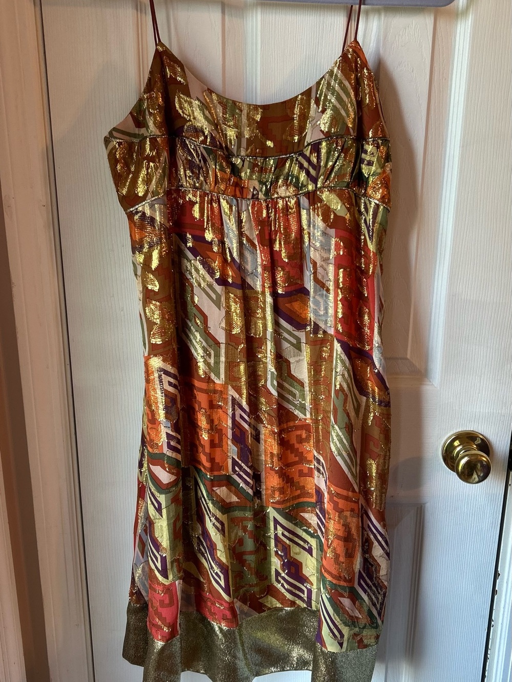 Vintage Y2K Nicole Miller Metallic Gold and Orange Geometric Slip Dress